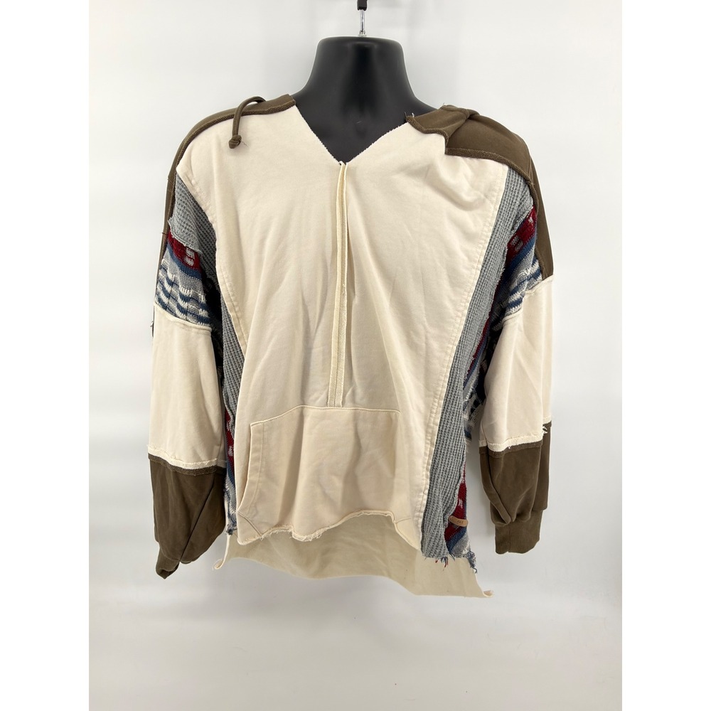 BKE Mens XL Patchwork Hoodie Reworked Raw Hem Southwest Aztec Textured Pullover
